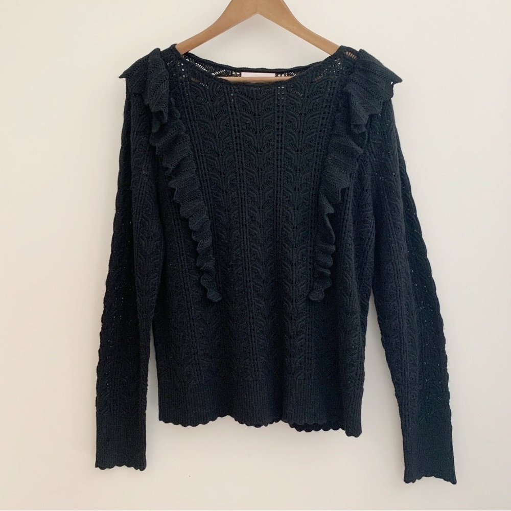 Rachel Parcell Black Pointelle Ruffle Wool Blend Sweater XXL